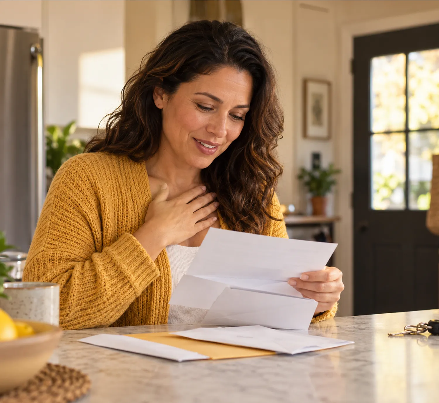Woman smiling while reading a benefits letter