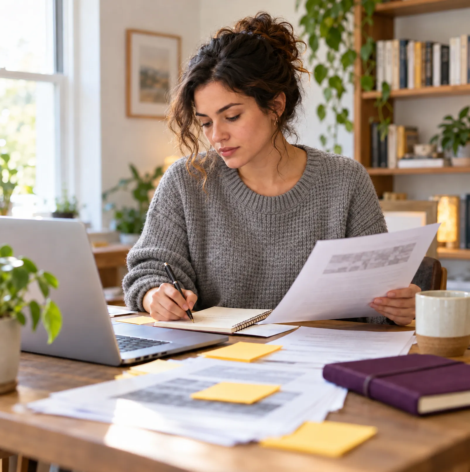Woman reviewing program documents at her desk